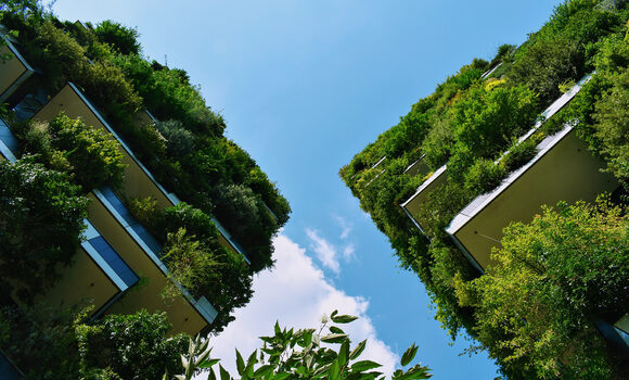City high-rise with plants and bushes growing on multiple balconies