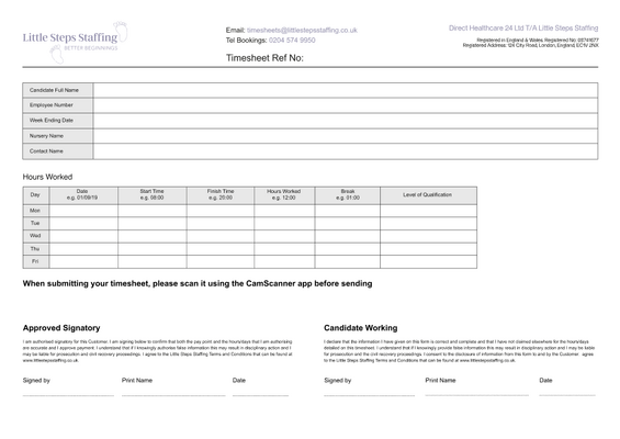 Preview of the Little Steps Staffing Timesheet
