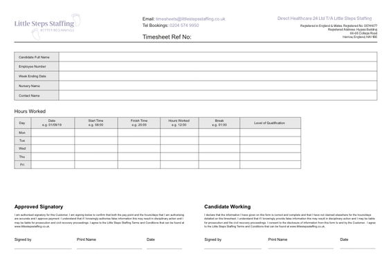 Preview of the Little Steps Staffing Timesheet